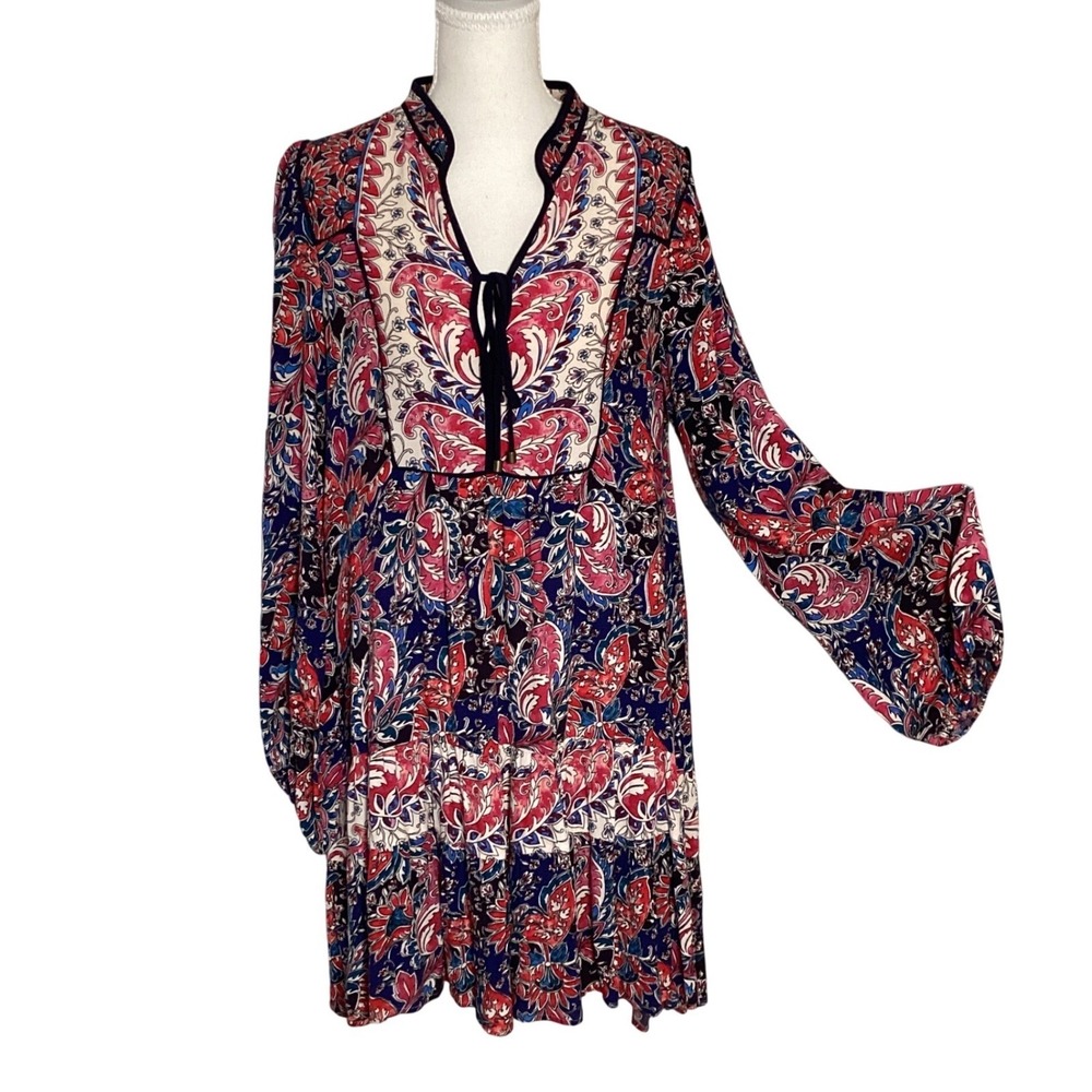 Anthropologie Paisley Spliced Tunic Dress Medium Red Blue Boho Floral